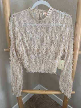 Peach Sheer Lace Cropped Blouse - Cream